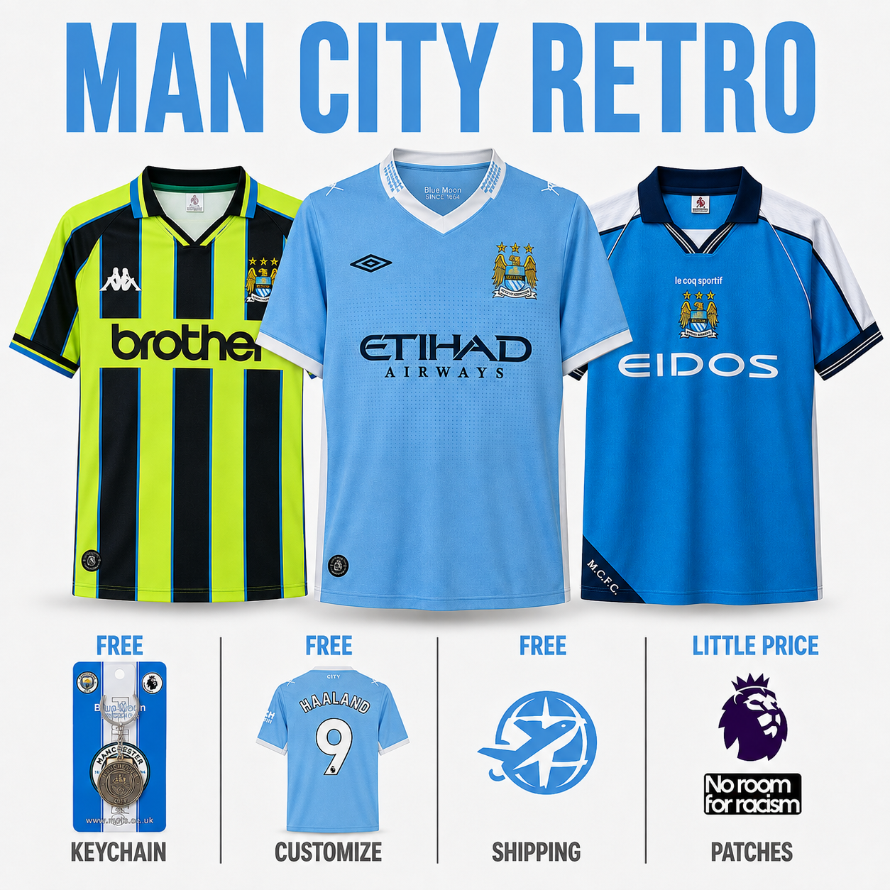 COMBO Manchester City Retro - Home 11/12, Home 99/01 and Away 98/99